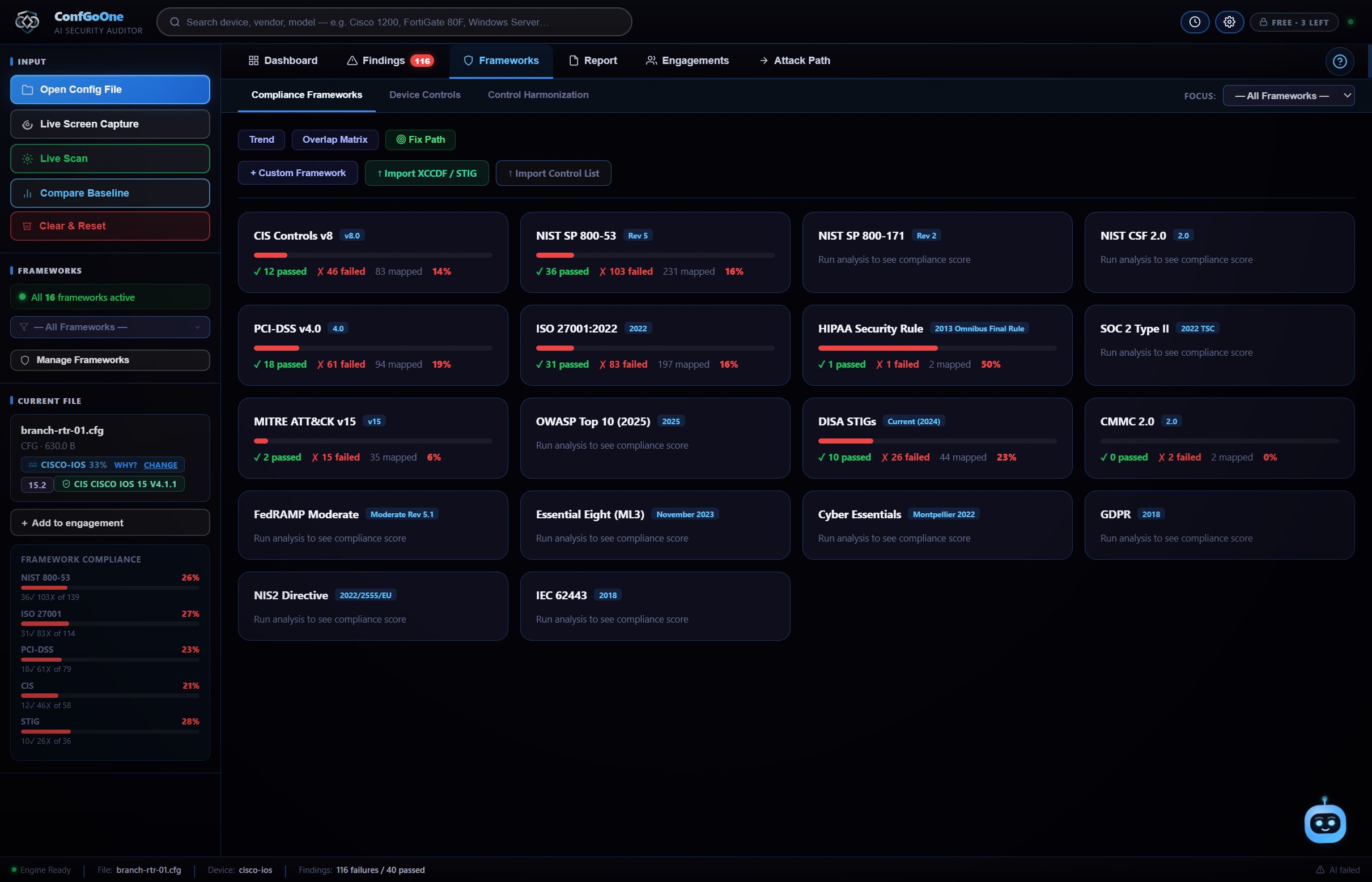 ConfGoOne Frameworks screen